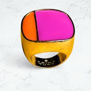 Vintage Gold Tone Tina Turk Color-Blocked Enamel Ring Pink & Orange Size 8